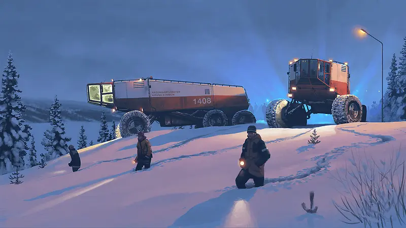 冬日雪地人物卡车