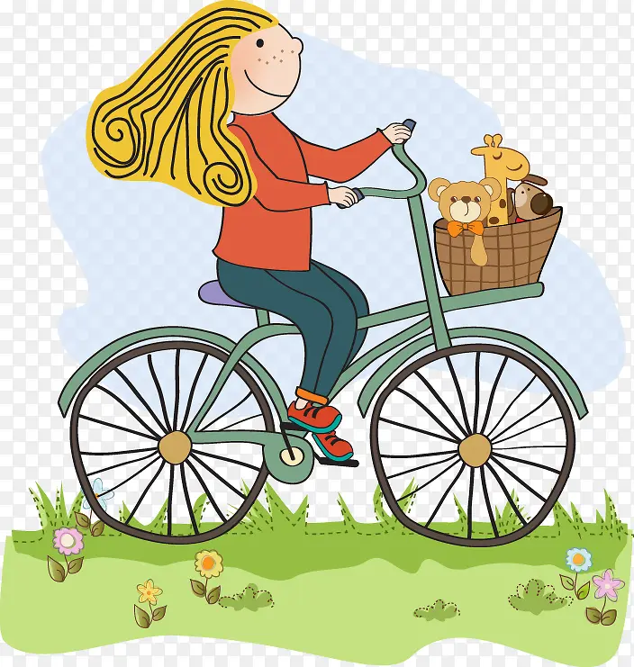 手绘卡通人物骑自行车图案