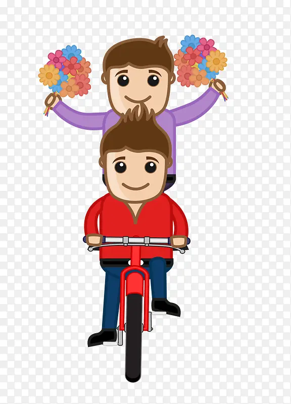 小男孩骑自行车双手拿花