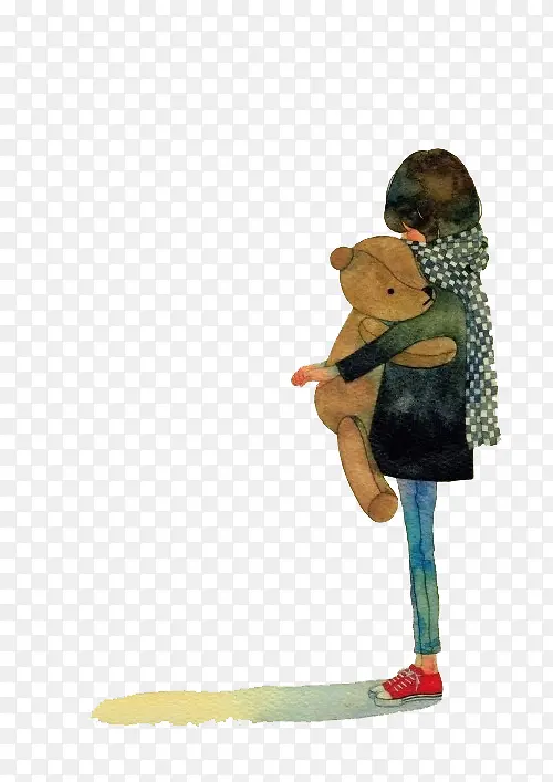卡通立绘小女孩抱着棕熊