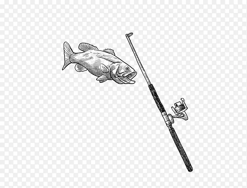 手绘鱼竿和鱼
