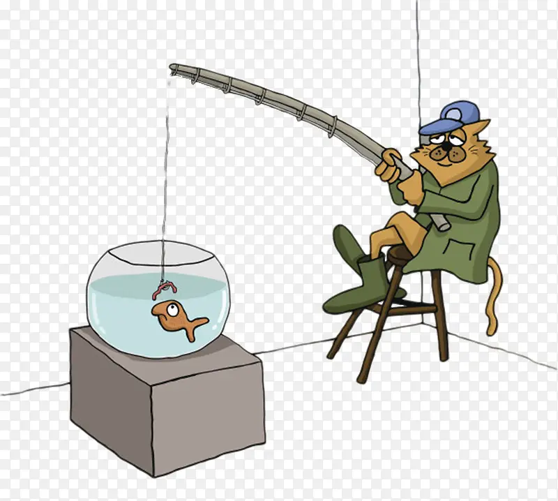 卡通手绘毛鱼缸钓鱼