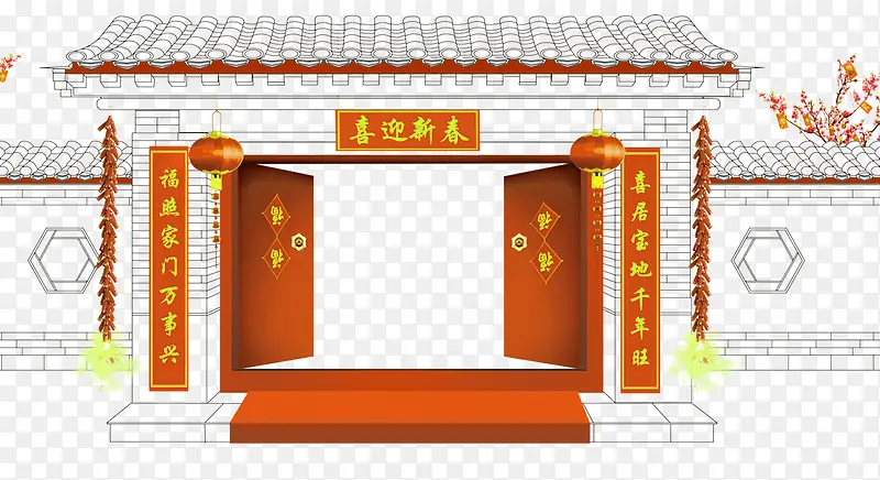 橙色中国风大门装饰图案