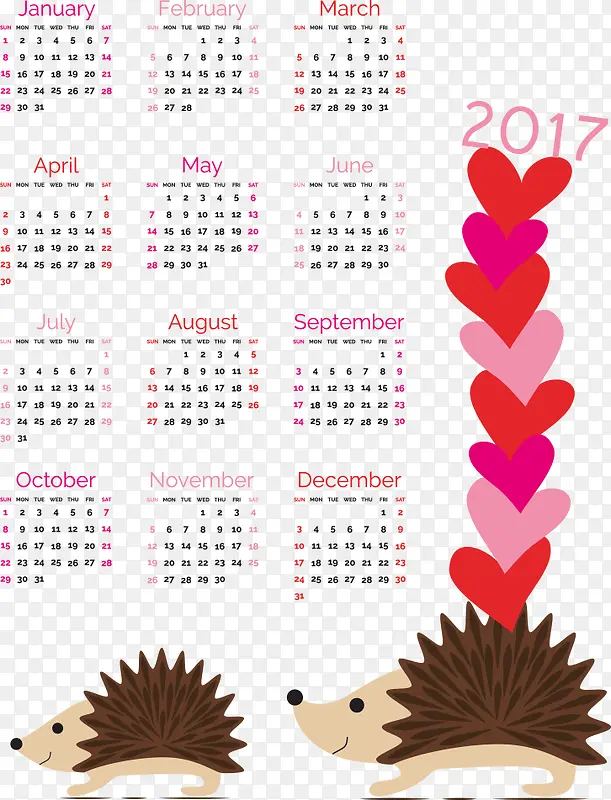 矢量心形刺猬2017年日历