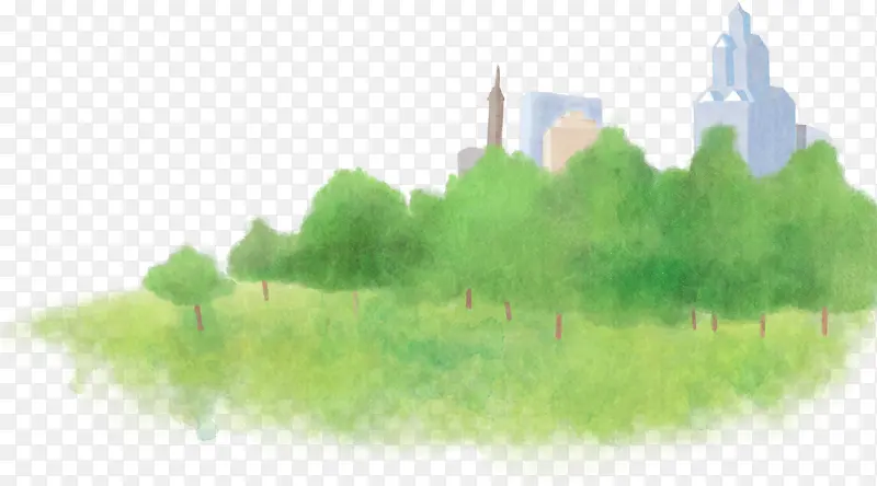 手绘水彩绿色的森林城市建筑