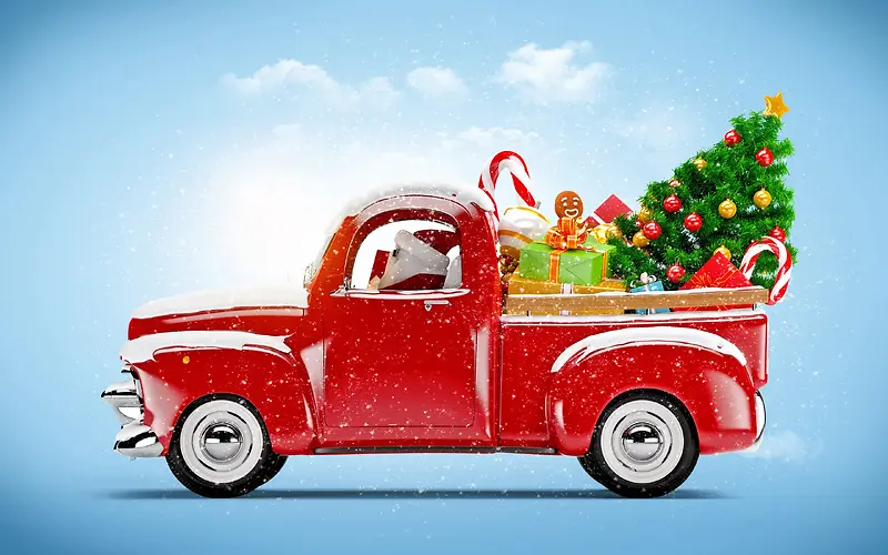 红色的汽车承载着圣诞树