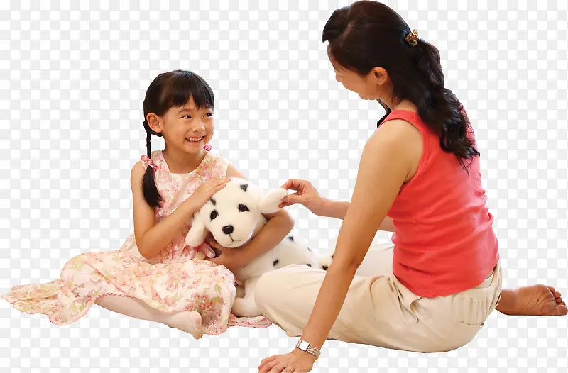 温馨玩耍母女人物斑点狗动物玩具