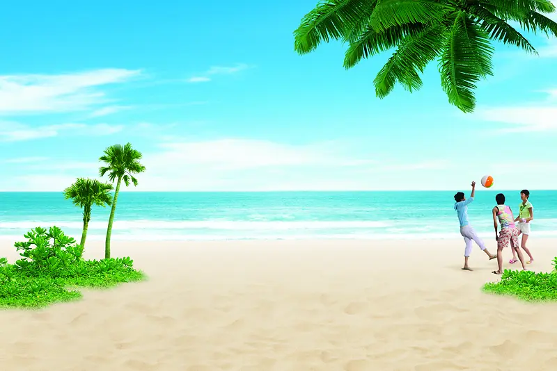 夏季沙滩椰树玩耍海报