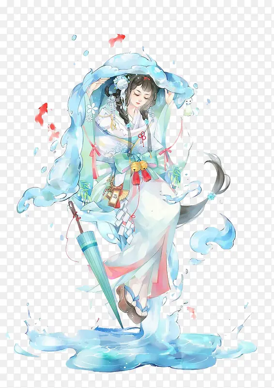 淡蓝色中国少女插画