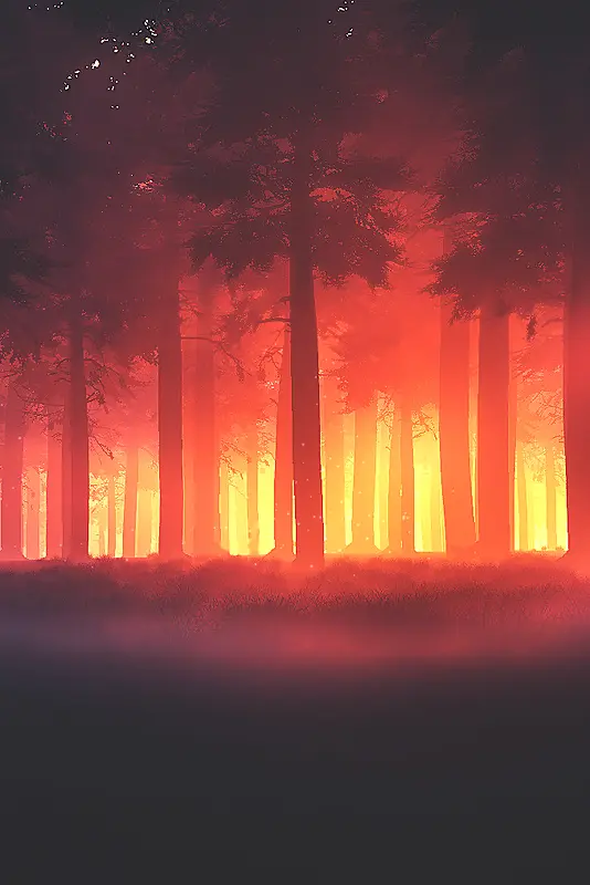 红色夕阳照亮了森林