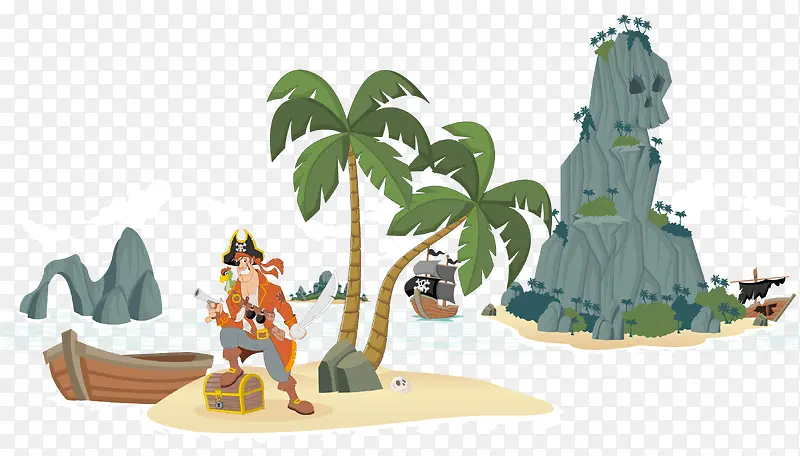 矢量卡通假山椰子树海盗素材