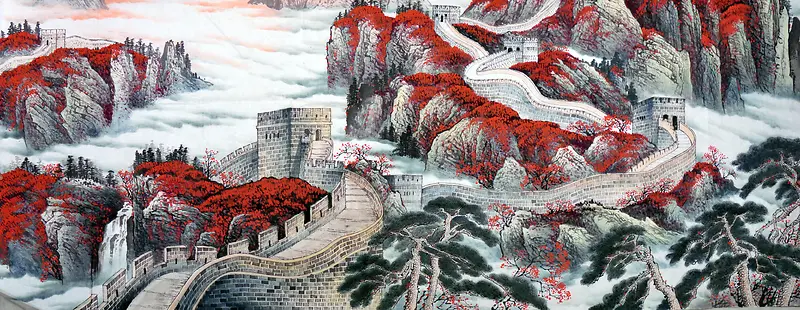 灰红色中国风山水画