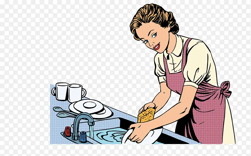 矢量手绘洗碗女人