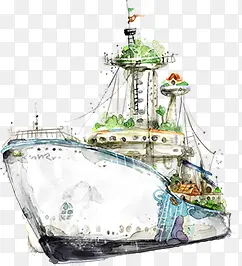 手绘水彩白色轮船