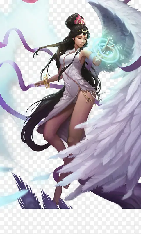 手绘白翅膀天使女子