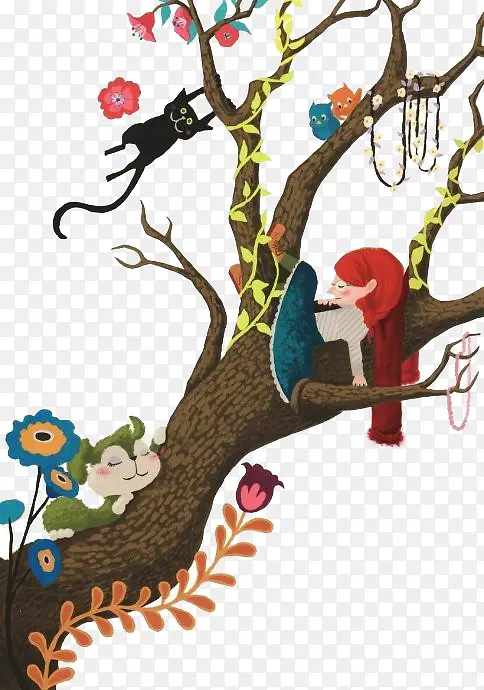 树木上的女孩和小动物