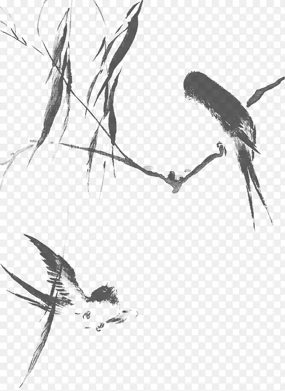水墨画柳树上的燕子海报背景