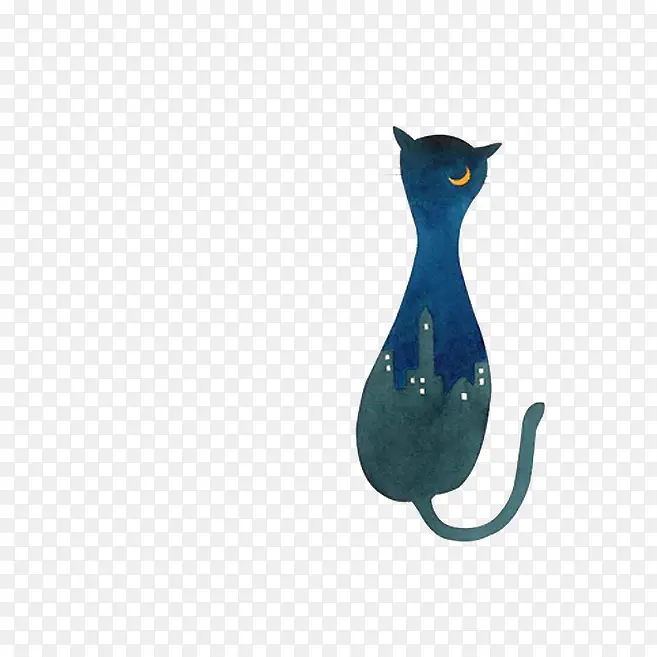 手绘水彩蓝色猫咪