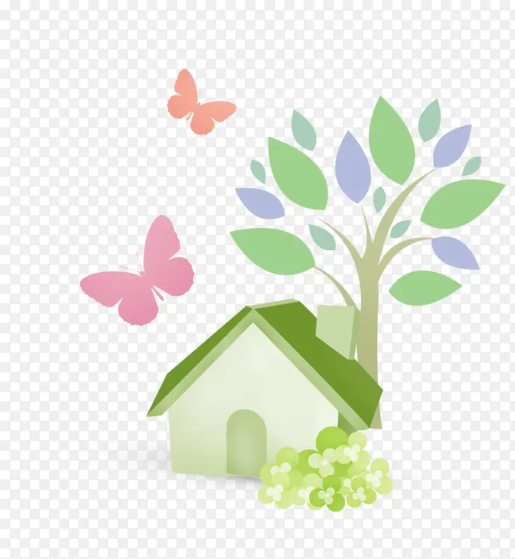 卡通绿色树木小木屋
