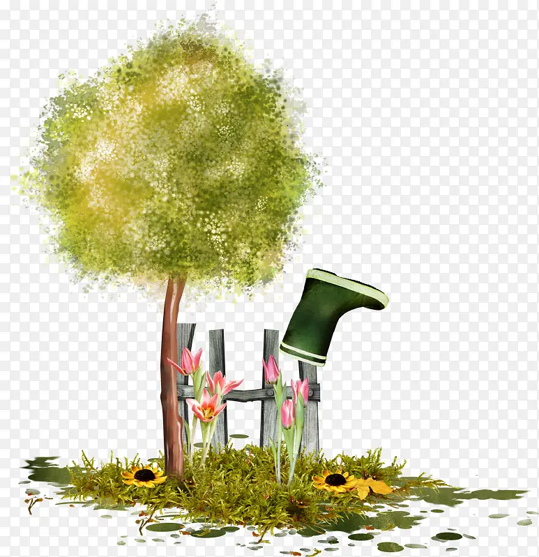 卡通绘画绿树和雨鞋花园