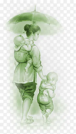 绿色背婴儿的母亲手绘人物