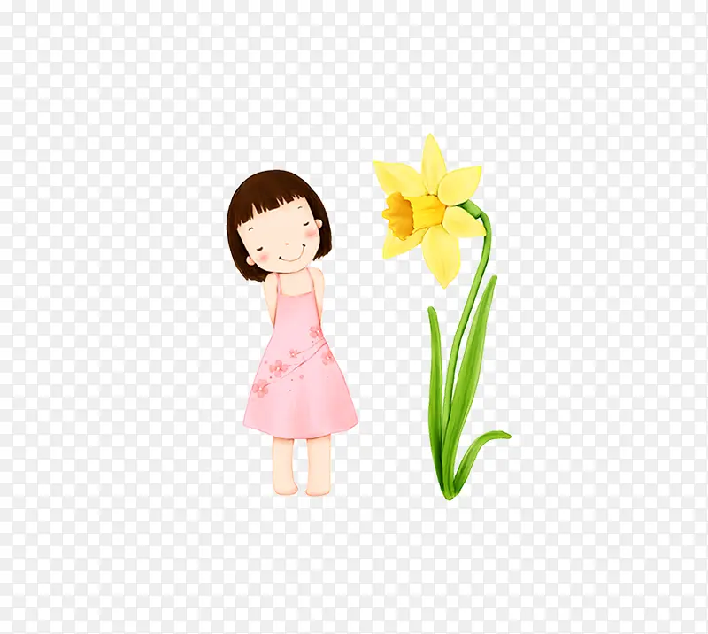 卡通可爱小女孩看花