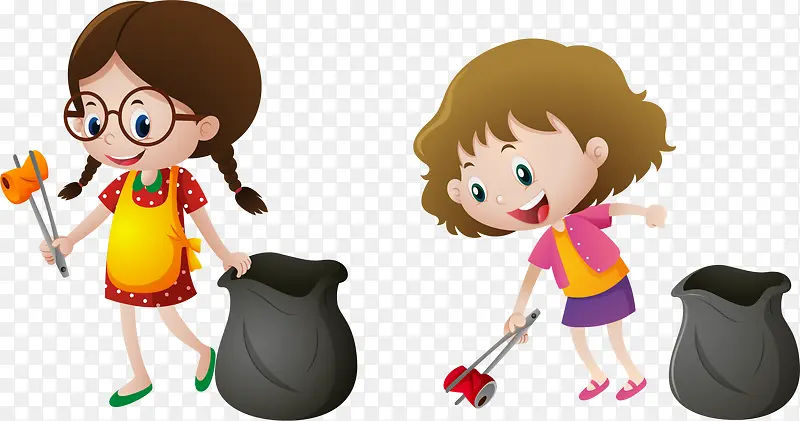 矢量手绘收垃圾的小女孩