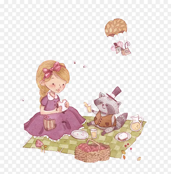 手绘女孩小猫野餐