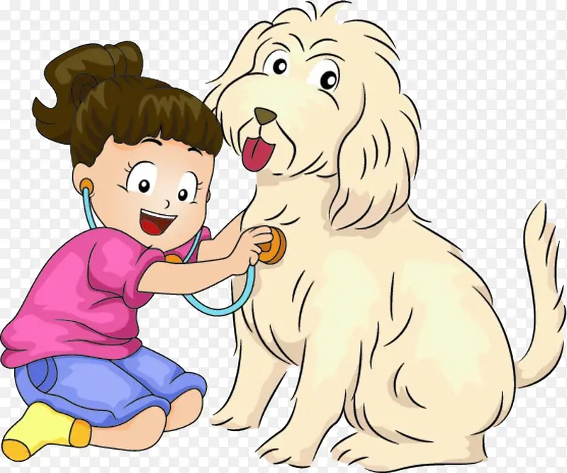一张小女孩给狗狗检查身体的图片