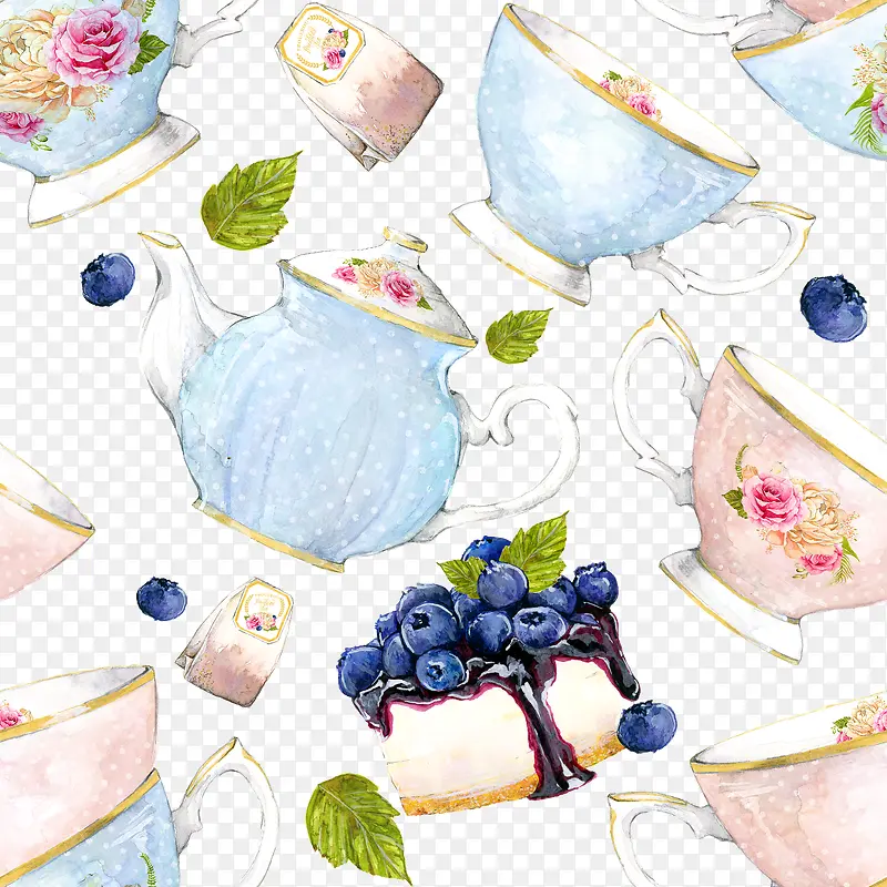英式精美下午茶蓝莓蛋糕手绘