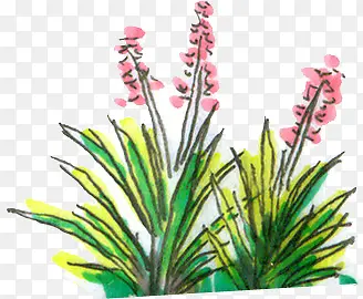 手绘绿色植物粉色小花