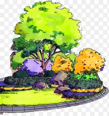 手绘彩色园林植物