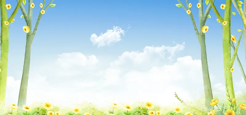 卡通树木鲜花背景图