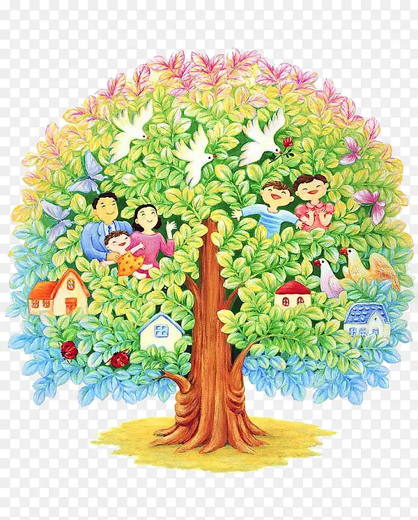 卡通可爱的全家树木