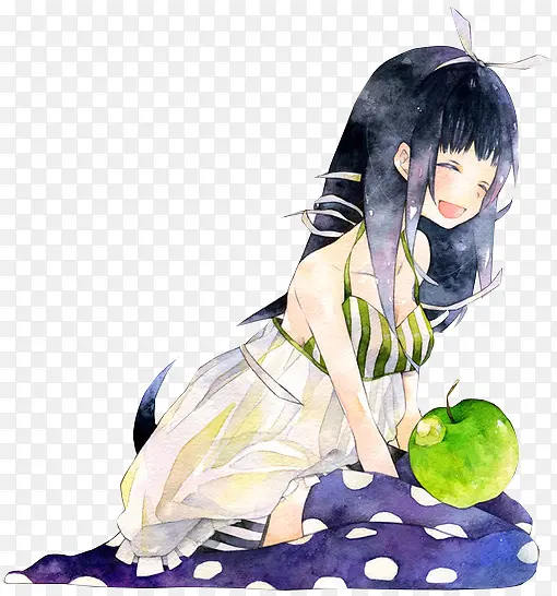 卡通立绘彩绘吃苹果女孩