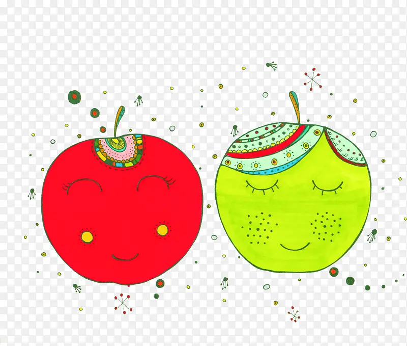 手绘红绿色可爱苹果