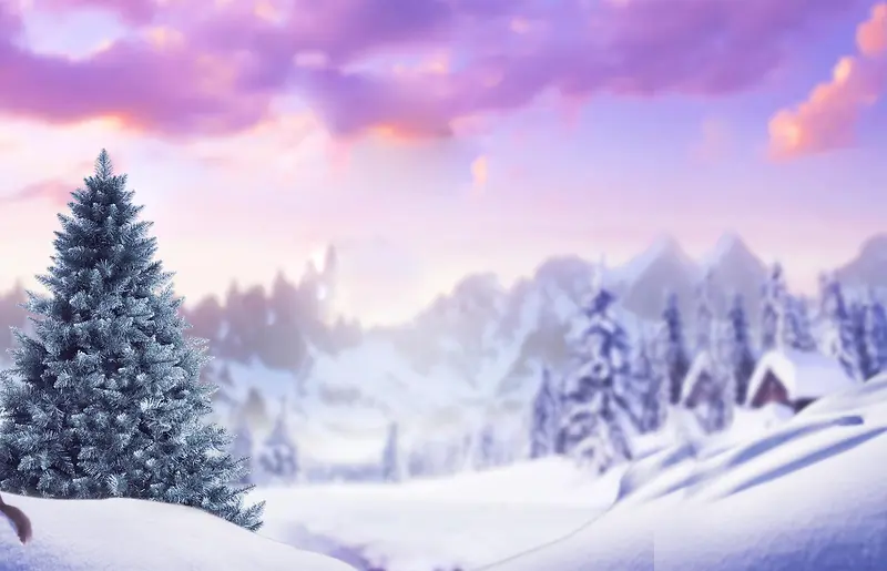 紫色云彩雪山雪树房屋