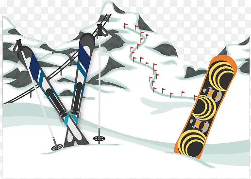 矢量手绘雪山和滑雪板