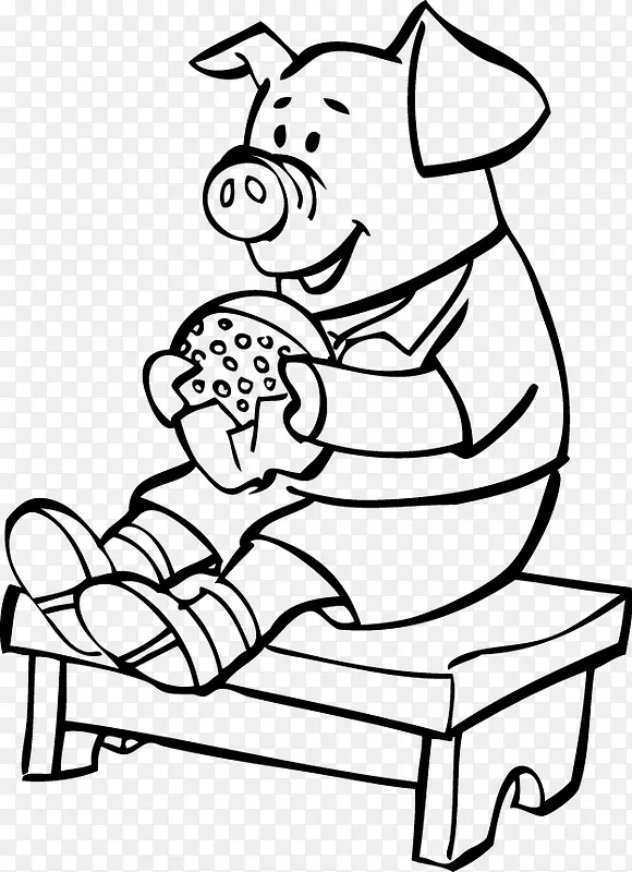 卡通手绘线条小猪吃东西