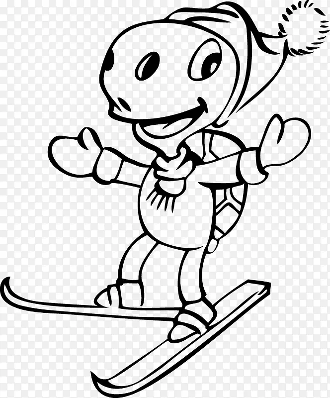 卡通手绘线条动物滑雪
