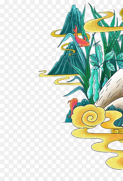中国风手绘插画山水植物