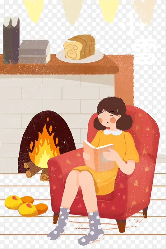 小女孩壁炉旁边看书小雪