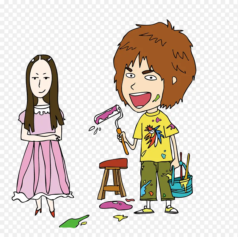 看粉刷匠粉刷的女子