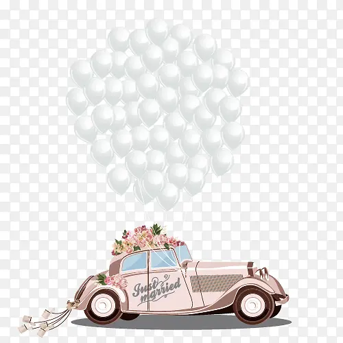 卡通白色气球婚车