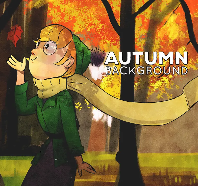 彩绘秋季树林散步的女子