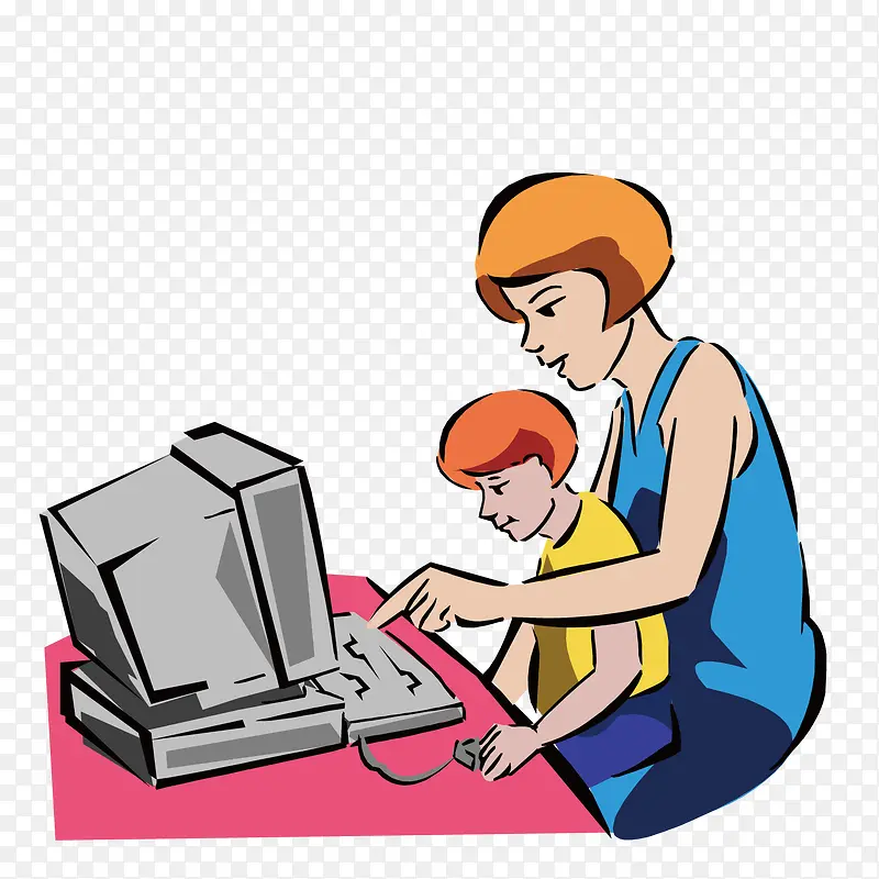 教女儿玩电脑的妈妈