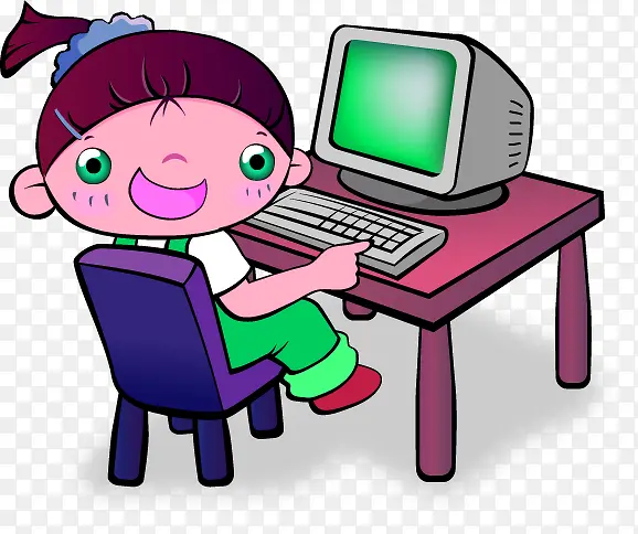 手绘卡通玩电脑女孩