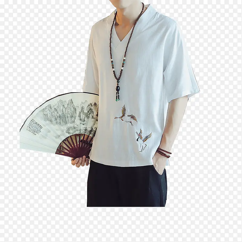 中国风男士夏季亚麻仙鹤刺绣短袖T恤