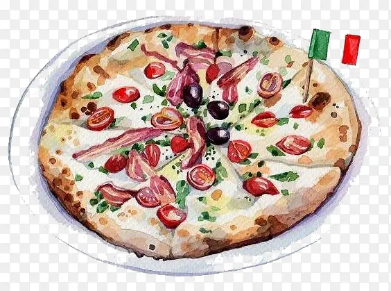 水彩食物披萨