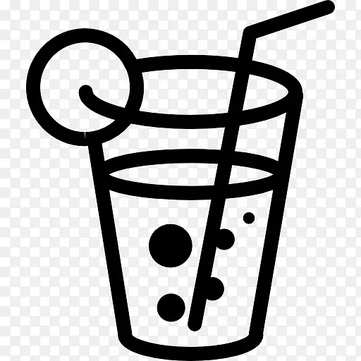 波光粼粼的饮料在玻璃上用稻草和柠檬图标